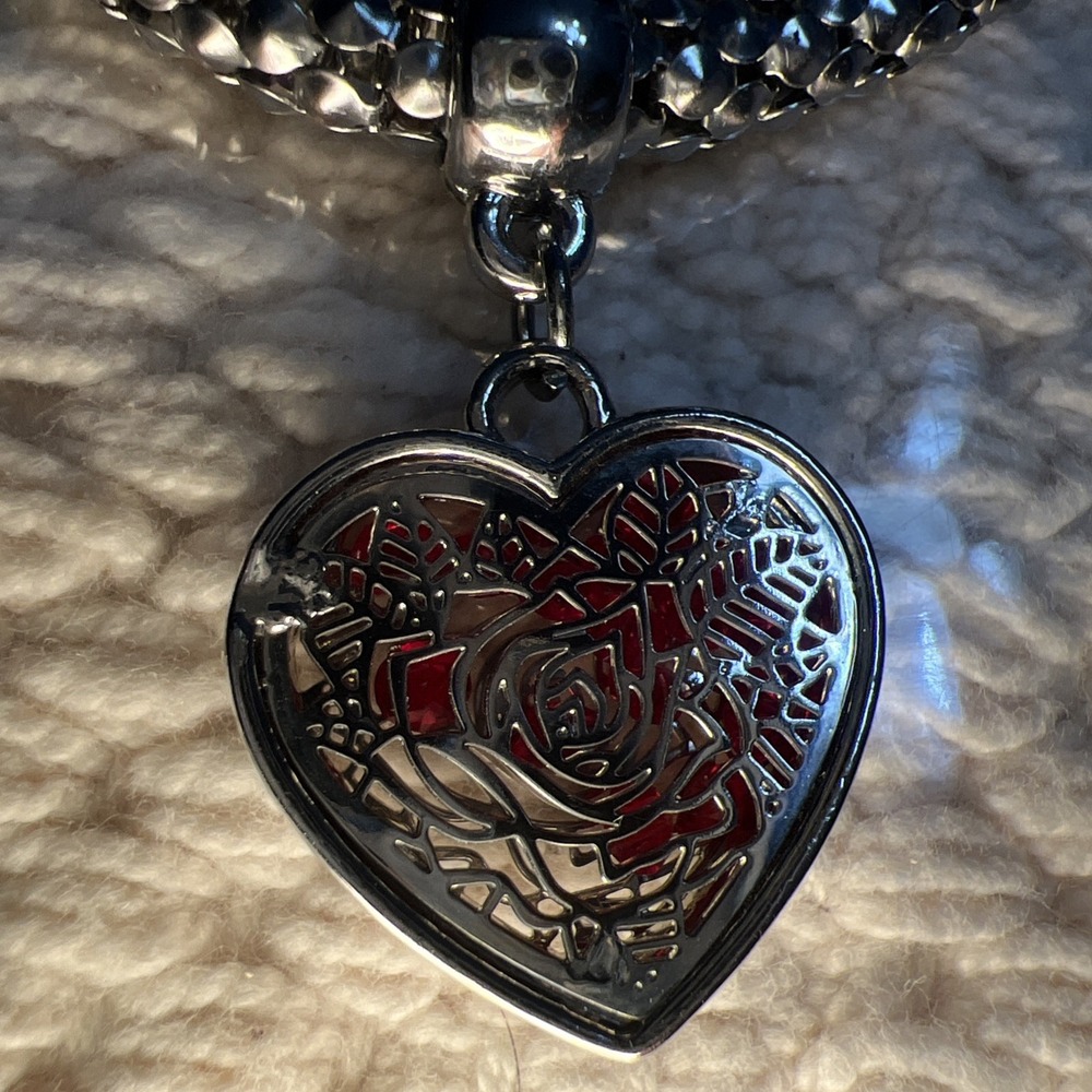 Silver rose, charm, bracelet Popcorn Chain Heart Flower rhinestone Silver Plated - Picture 7 of 10